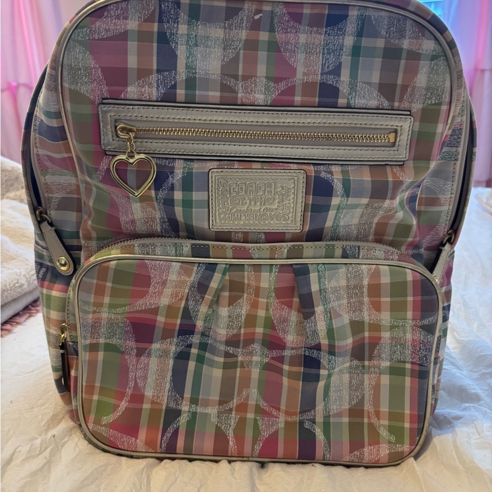 Coach Plaid Backpack with Heart Charm